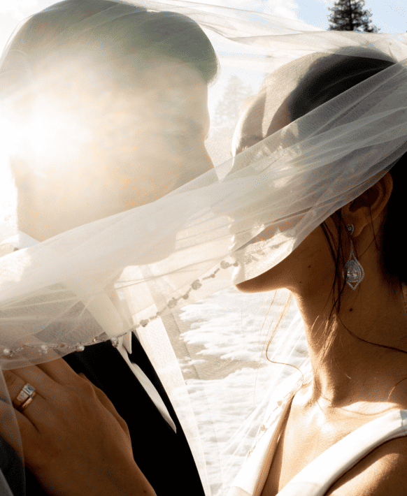 A bride and groom kissing under a veil.