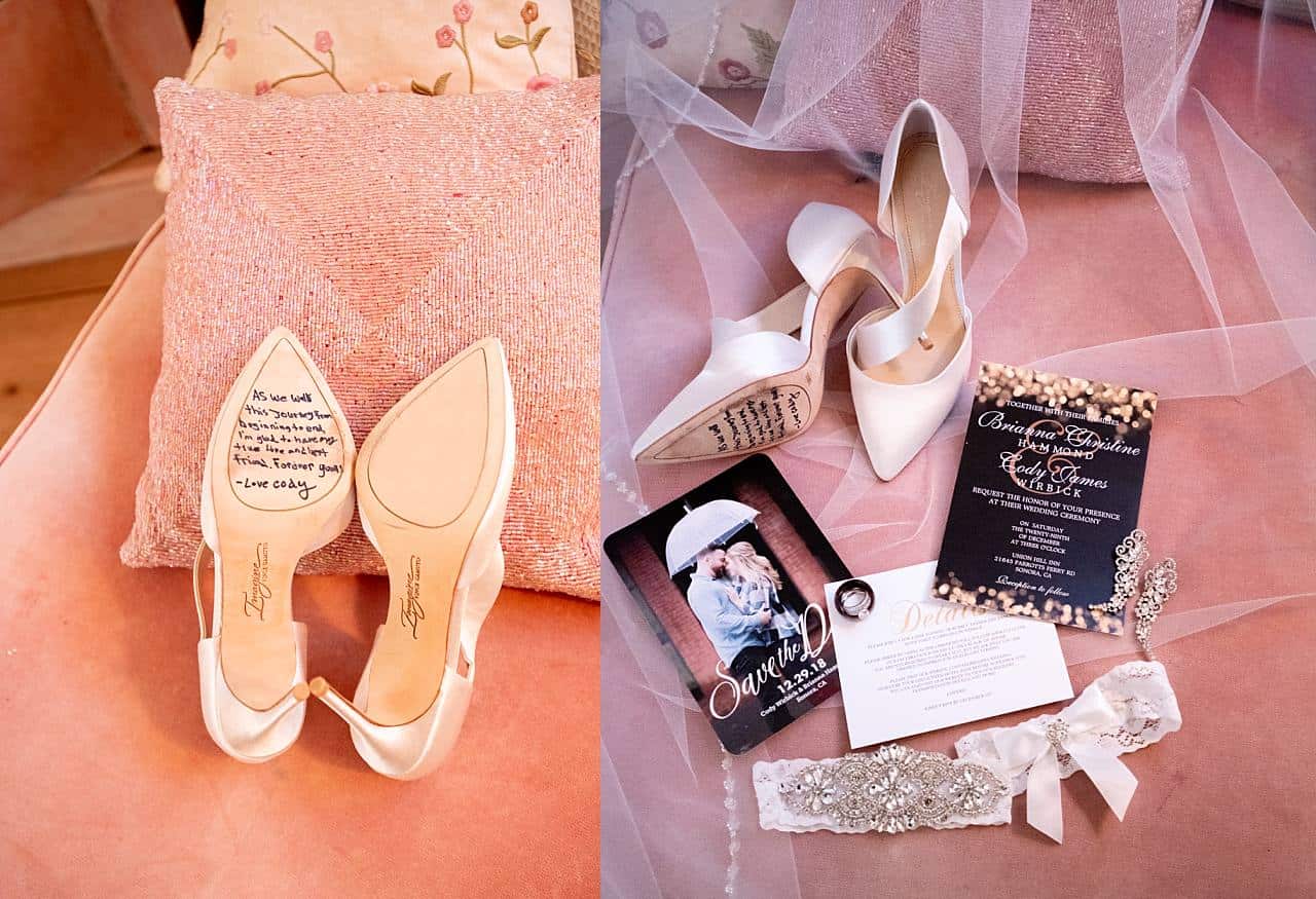 A wedding dress, veil, shoes and other items on a bed.