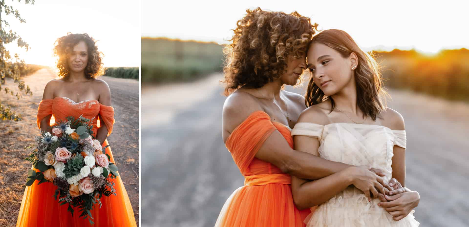 Two brides in orange dresses posing for a photo.
